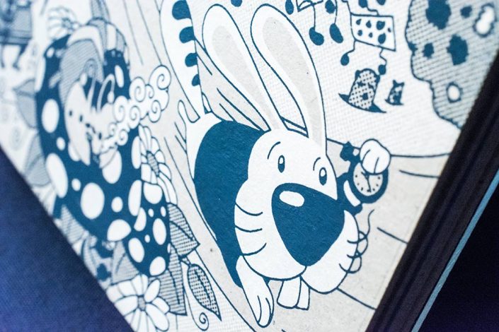 Serigraph printing detail of Alice Adventures in Wonderland illustration Serigraph printing detail of Alice Adventures in Wonderland illustration