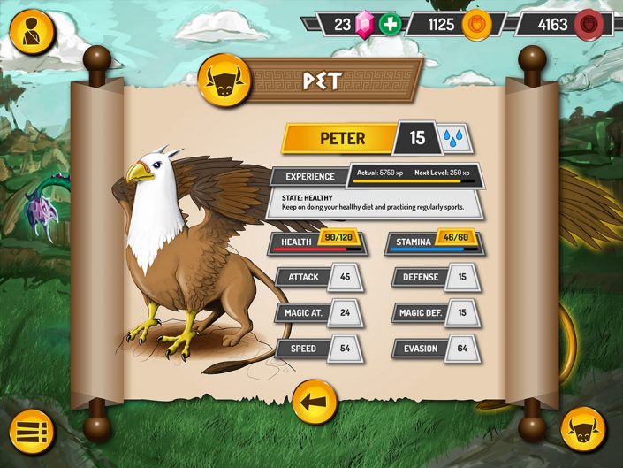 Mythonimals pet stats UI design (Graphic user interface)